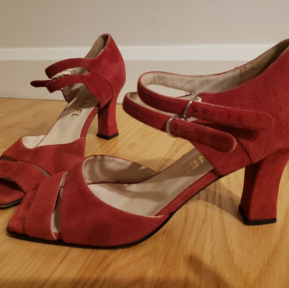 Chanel Red Suede Block Heel Vintage Heels